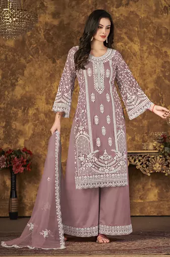 Light purple embroidery net palazzo-suits