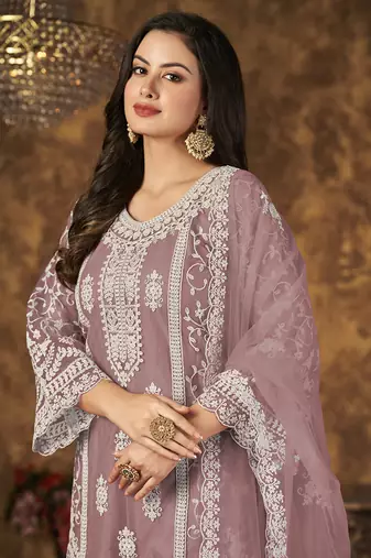 Light purple embroidery net palazzo-suits