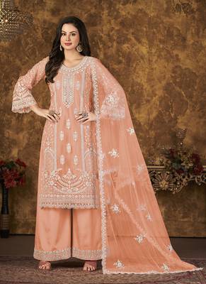 Peach embroidery net palazzo-suits 1