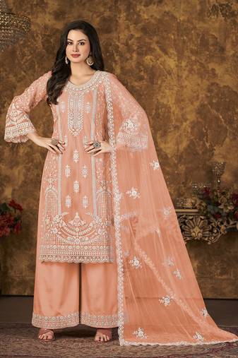Peach embroidery net palazzo-suits