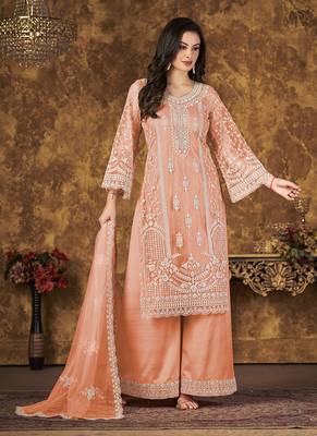 Peach embroidery net palazzo-suits 2