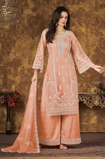 Peach embroidery net palazzo-suits