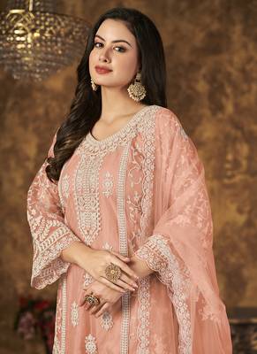 Peach embroidery net palazzo-suits 3