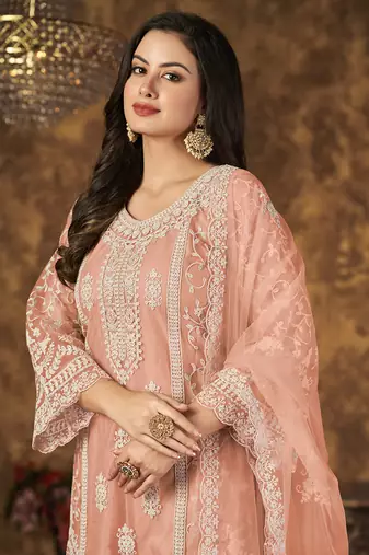 Peach embroidery net palazzo-suits