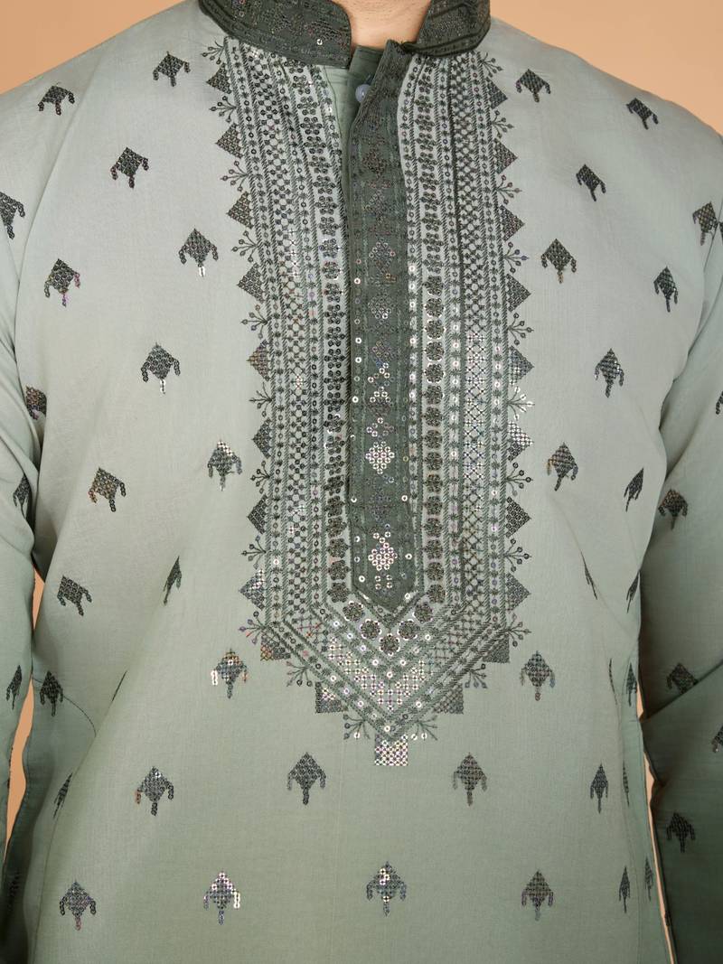 ombre green viscose rayon sequins & foil mirror heavy embroidered work kurta