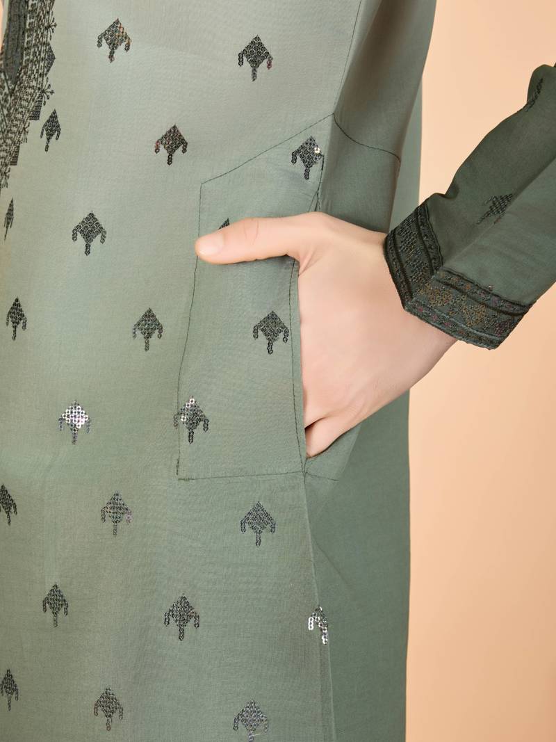 ombre green viscose rayon sequins & foil mirror heavy embroidered work kurta