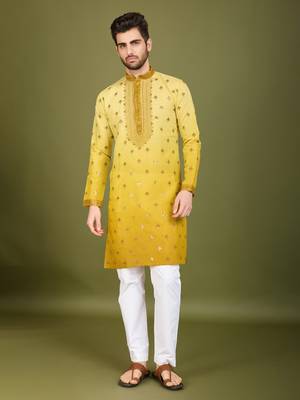 Ombre yellow viscose rayon sequence & foil mirror heavy embroidered work kurta 6