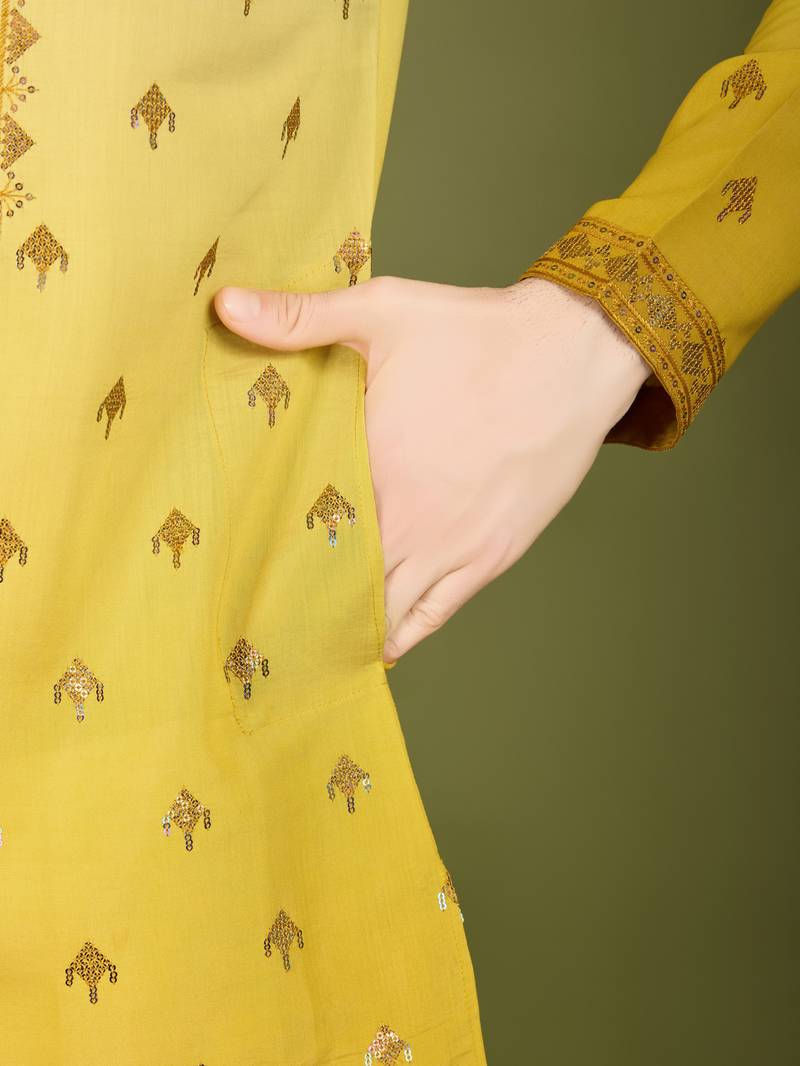 Ombre yellow viscose rayon sequence & foil mirror heavy embroidered work kurta