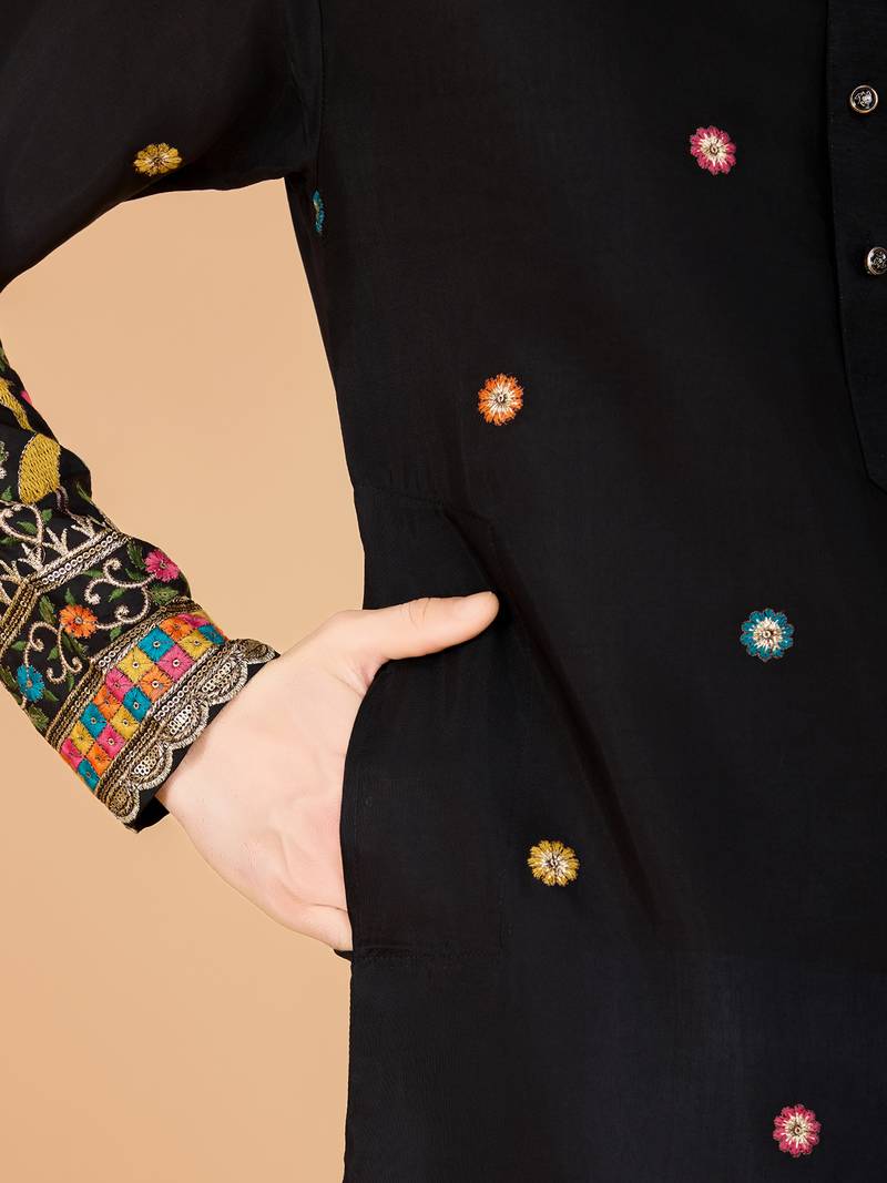 Black exclusive festival wear viscose silk thread & sequence embroidered work kurta