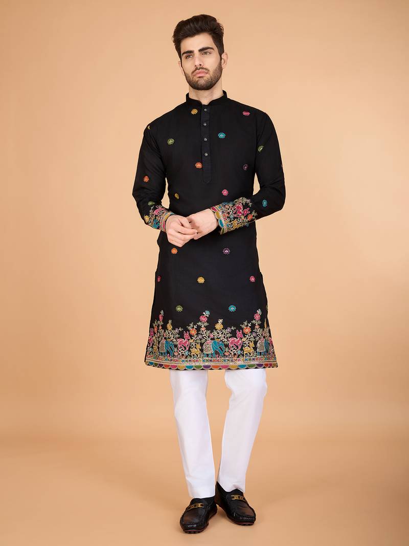 Black exclusive festival wear viscose silk thread & sequence embroidered work kurta