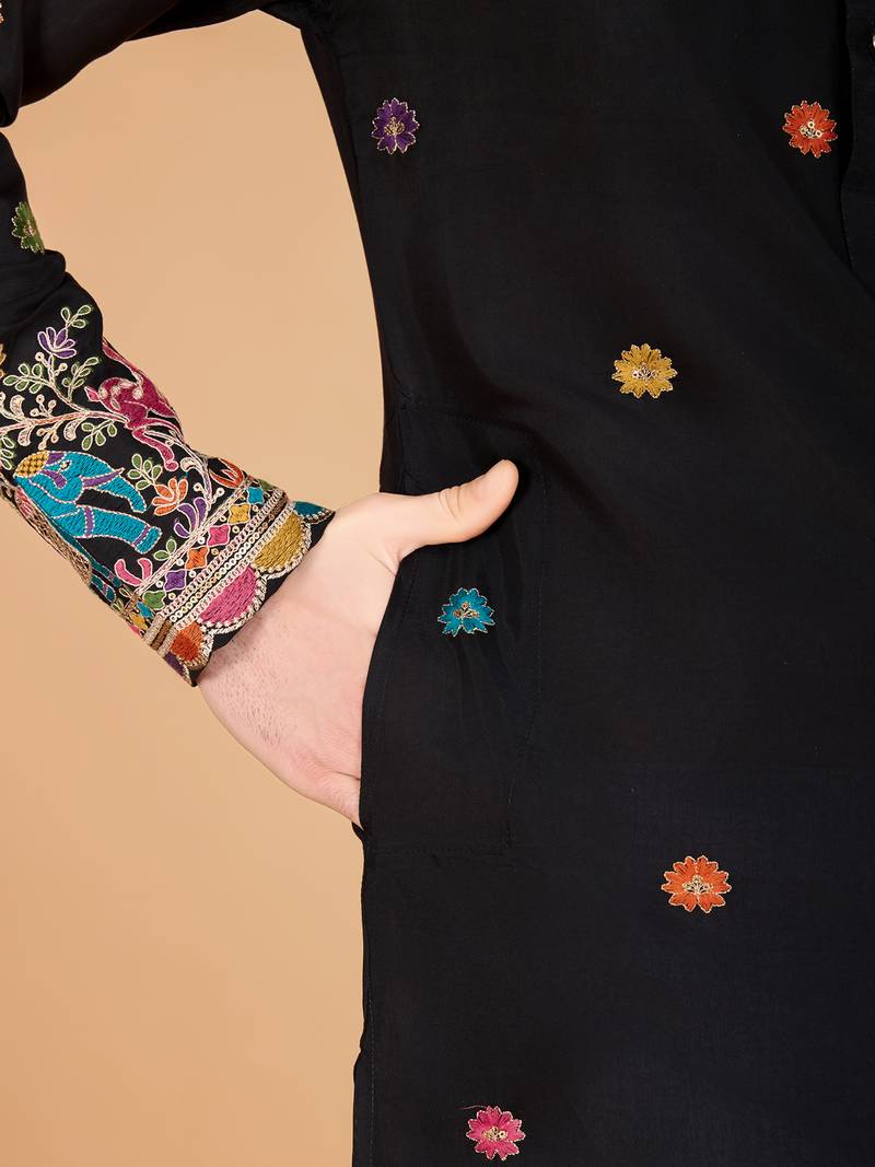 Black exclusive festival wear viscose silk thread & sequence embroidered work kurta