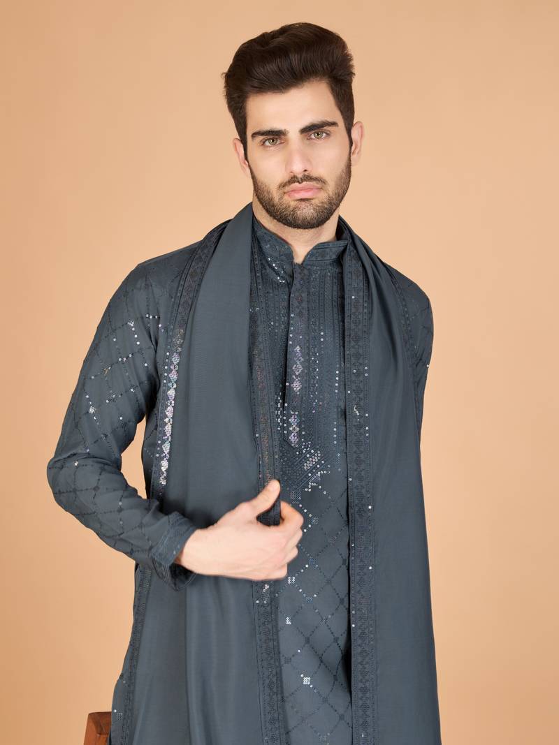 Grey viscose silk thread & sequence embroidered work kurta with dupatta
