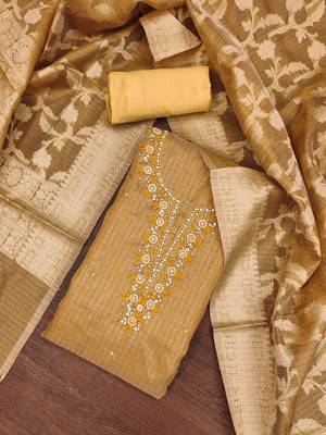 Women's mustard viscose handwork unstitched dress material 1