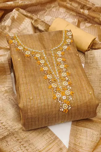 Women's mustard viscose handwork unstitched dress material