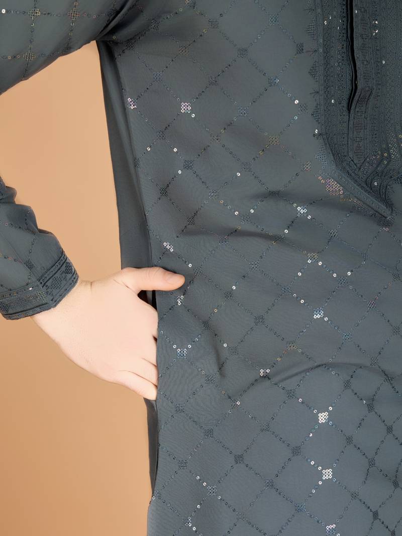 Grey viscose silk thread & sequence embroidered work kurta with dupatta
