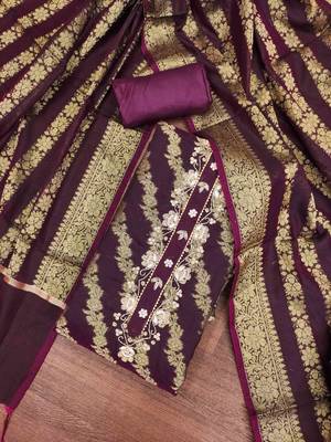 wine banarasi handwork unstitched dress material 1