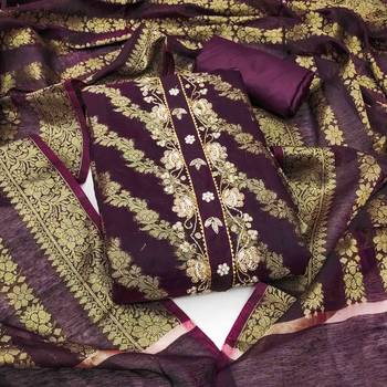 wine banarasi handwork unstitched dress material 2