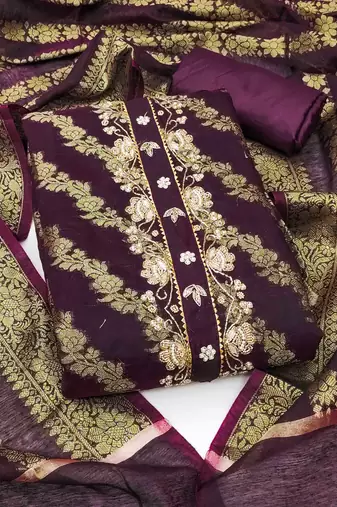 wine banarasi handwork unstitched dress material
