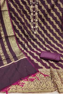 wine banarasi handwork unstitched dress material 3