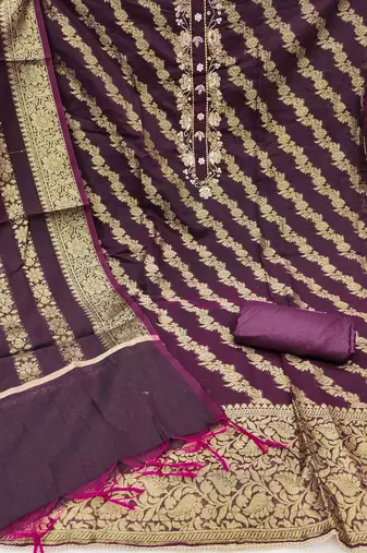 wine banarasi handwork unstitched dress material