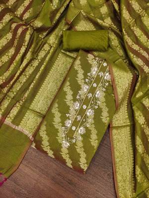 green banarasi handwork unstitched dress material 1