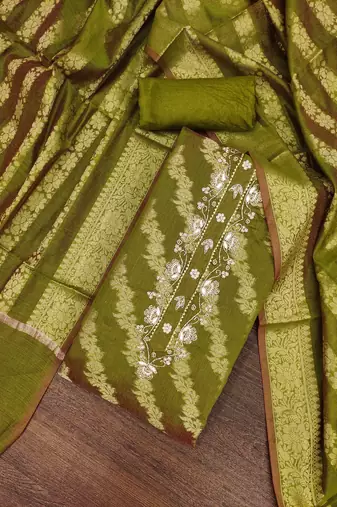 green banarasi handwork unstitched dress material