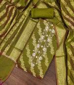 green banarasi handwork unstitched dress material