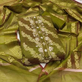 green banarasi handwork unstitched dress material 2