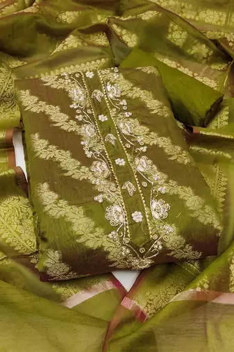 green banarasi handwork unstitched dress material