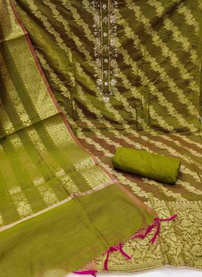 green banarasi handwork unstitched dress material 3