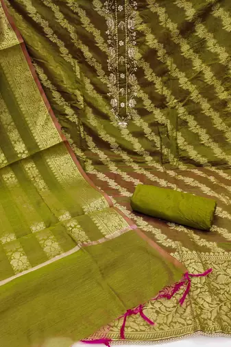 green banarasi handwork unstitched dress material
