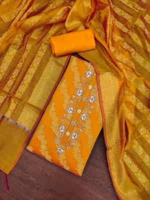 orange banarasi handwork unstitched dress material 1