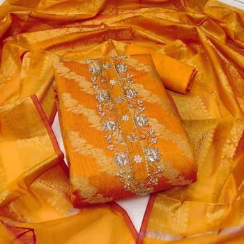 orange banarasi handwork unstitched dress material 2