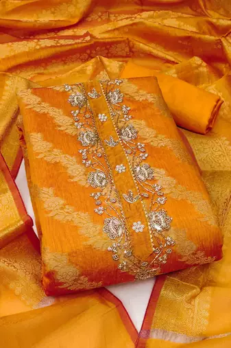 orange banarasi handwork unstitched dress material