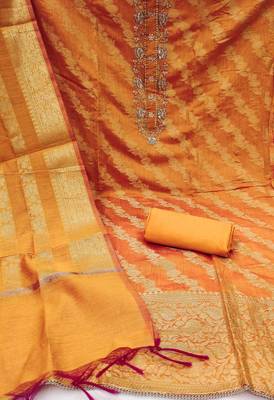 orange banarasi handwork unstitched dress material 3