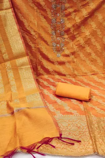 orange banarasi handwork unstitched dress material