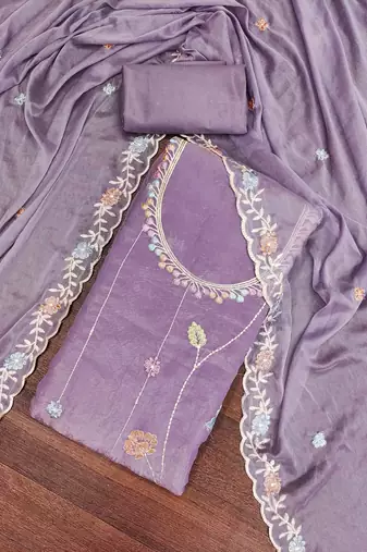 Women's lavender chiffon embroidered unstitched dress material