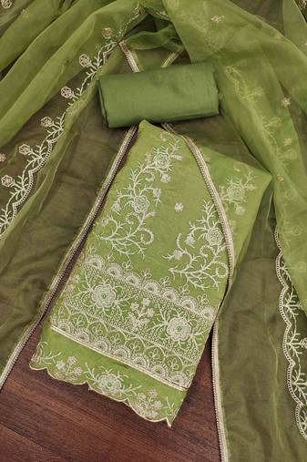 green chiffon embroidered unstitched dress material