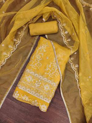 yellow chiffon embroidered unstitched dress material 1
