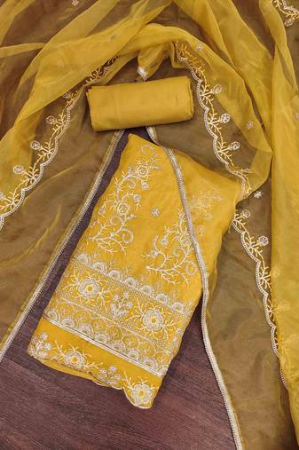 yellow chiffon embroidered unstitched dress material