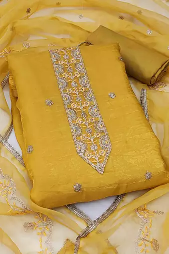 yellow chiffon embroidered unstitched dress material