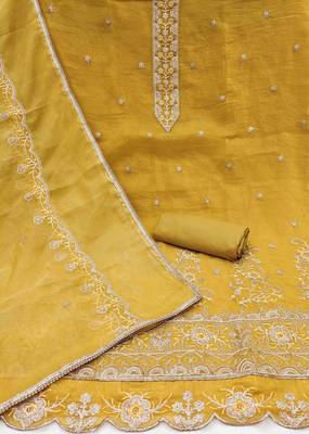 yellow chiffon embroidered unstitched dress material 3
