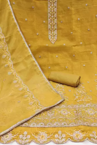 yellow chiffon embroidered unstitched dress material
