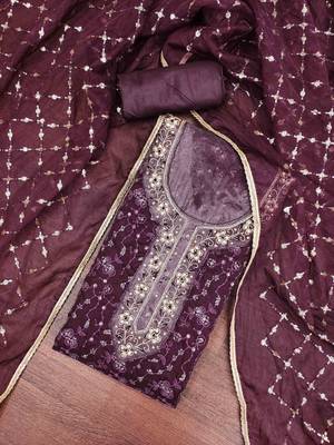 wine viscose organza hand work unstitched dress material 1