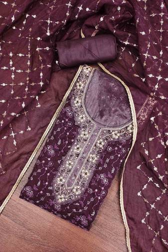 wine viscose organza hand work unstitched dress material
