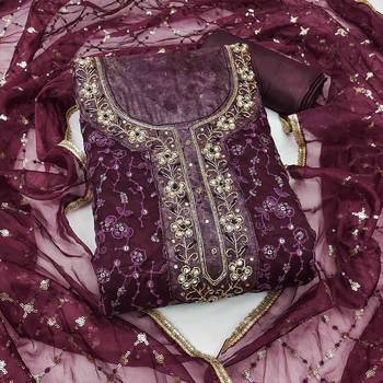 wine viscose organza hand work unstitched dress material 2