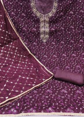 wine viscose organza hand work unstitched dress material 3