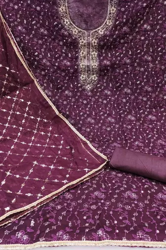 wine viscose organza hand work unstitched dress material