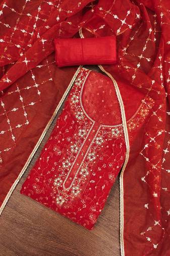 red viscose organza hand work unstitched dress material