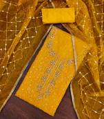 yellow viscose organza hand work unstitched dress material